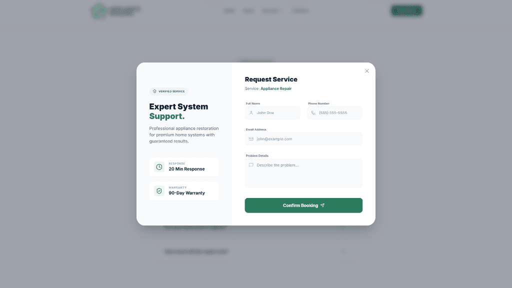 Service request modal window with feedback form