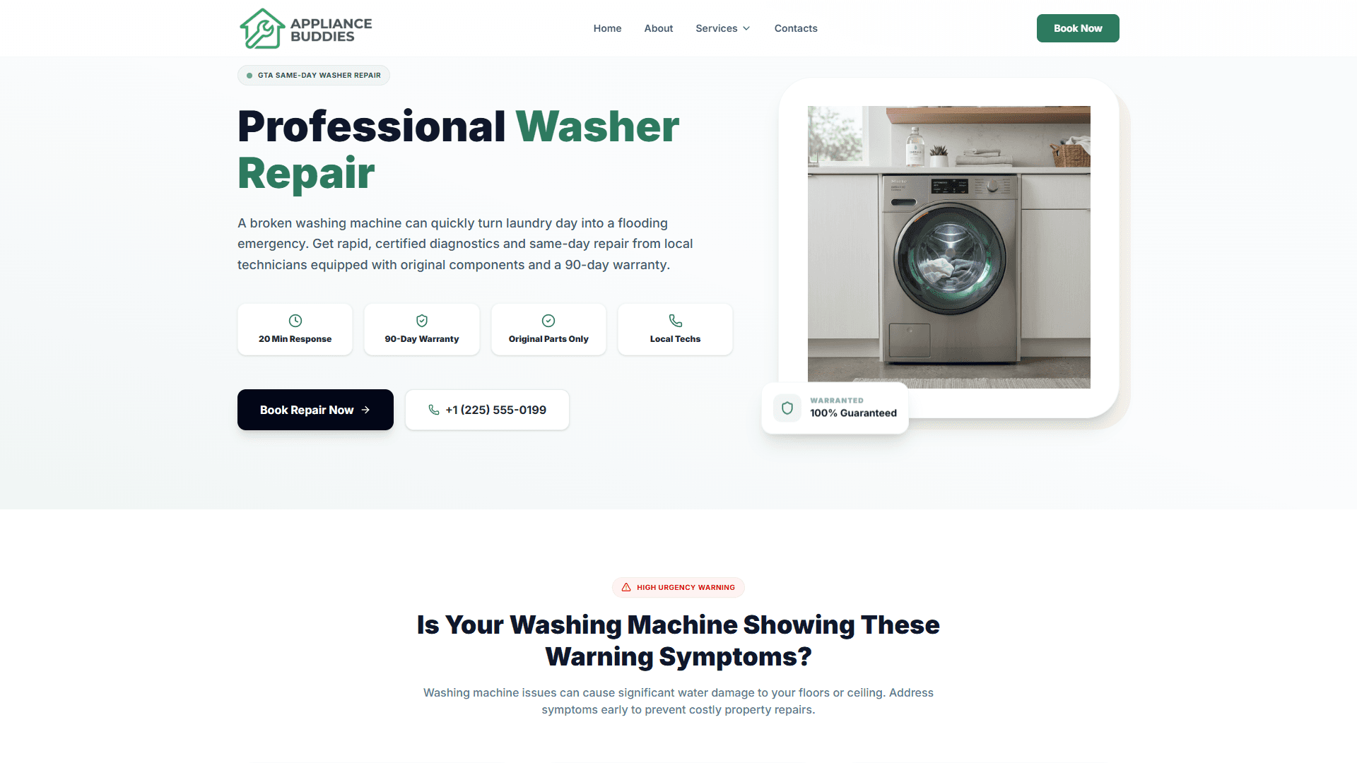 Dedicated landing page for washer repair services