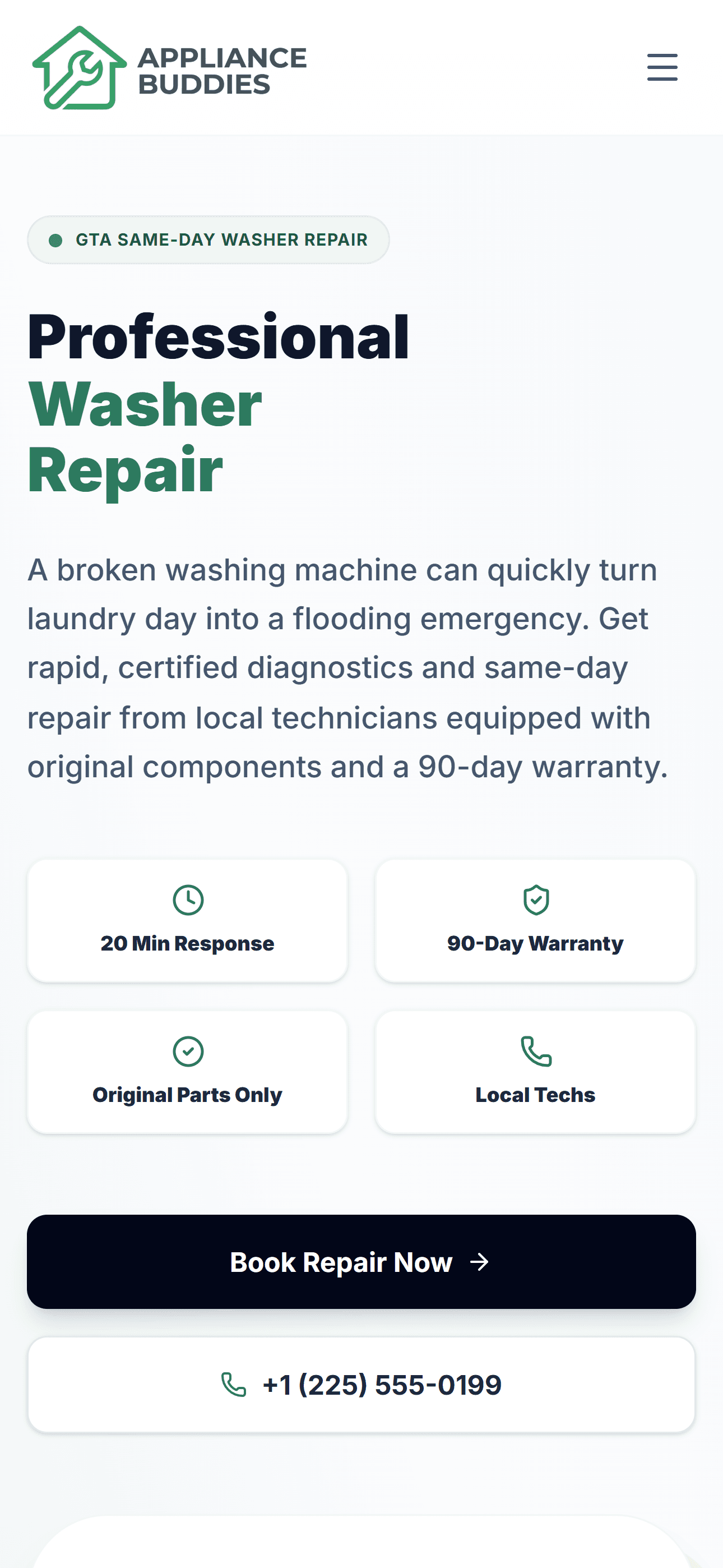 Mobile layout of the washer repair service page